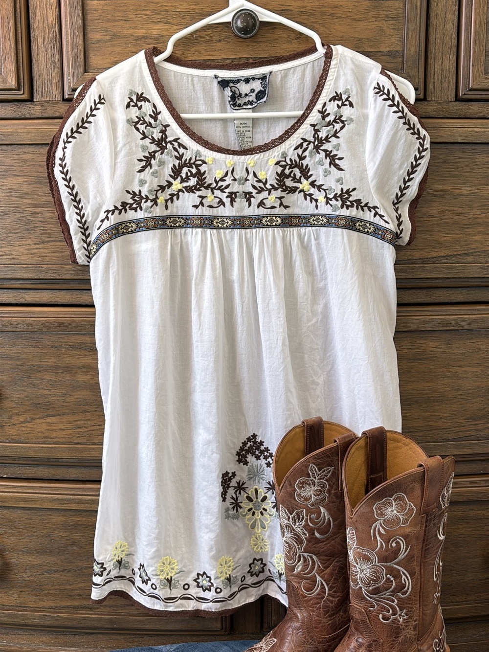 Dreamers White Tunic with Brown Floral Embroidery and Yellow Accents